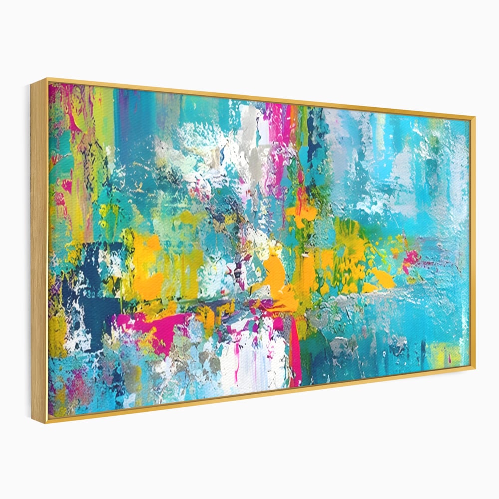 Tablou canvas cu pictura abstracta cu pete albastre si galbene, in rama de aluminiu auriu